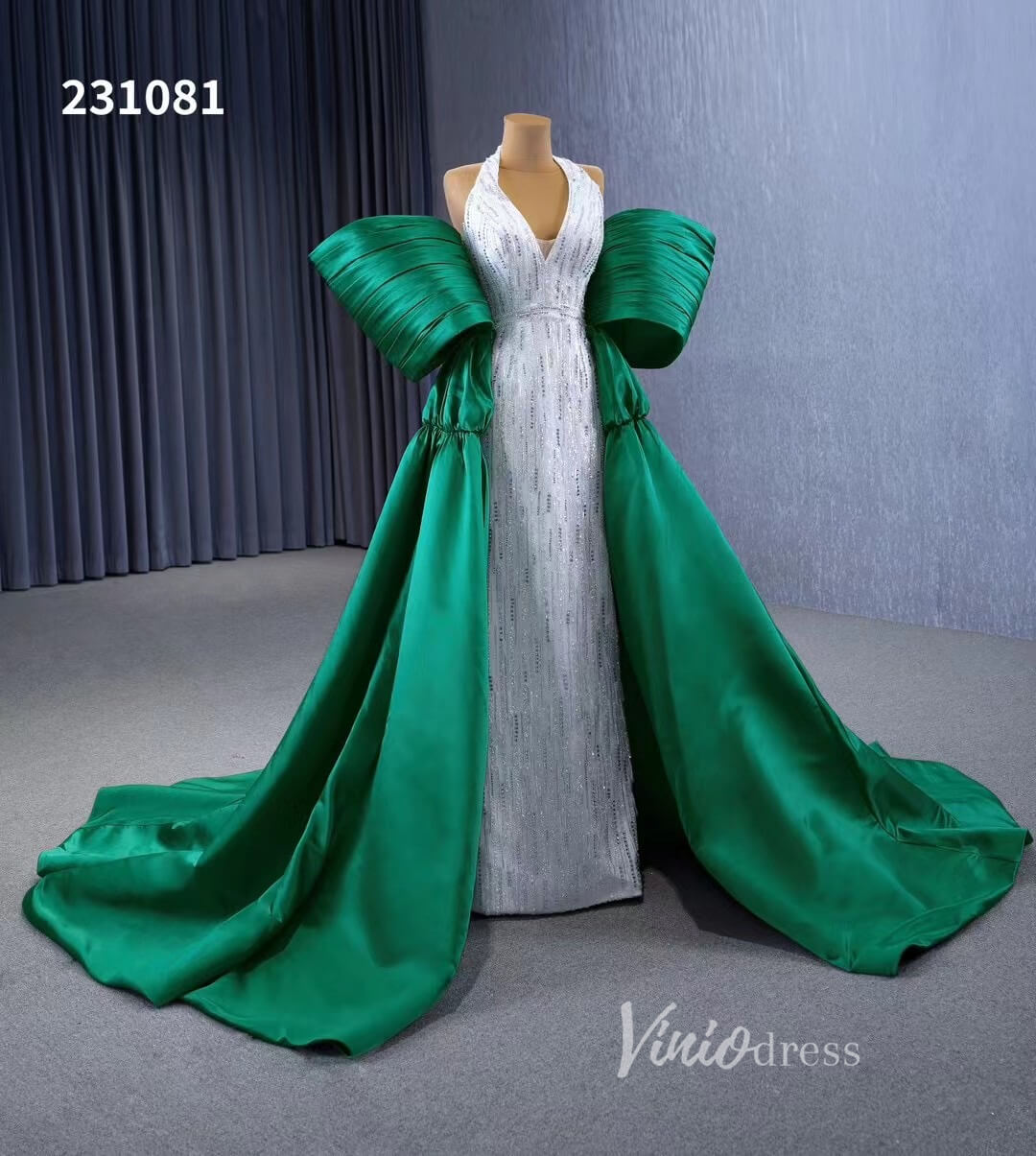 V-neck Mermaid Wedding Dresses with Green Satin Overskirt Train, Removable Sleeves 231081-Quinceanera Dresses 2025 -Viniodress-Green-Custom Size-