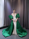 Vestidos de novia sirena con cuello en V y cola de sobrefalda de satén verde, mangas extraíbles 231081
