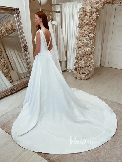 V-neck Minimalist Satin Wedding Dresses Watteau Train VW2069-wedding dresses 2025 -Viniodress-Ivory-Custom Size-