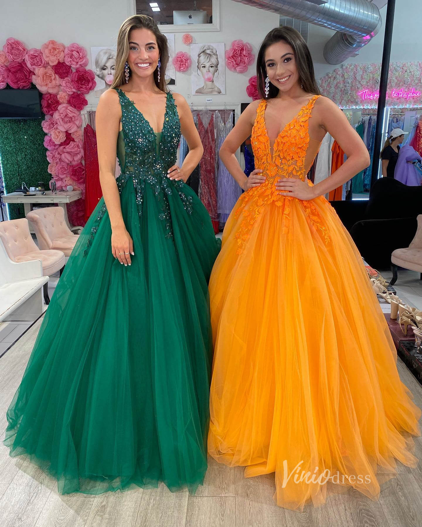 V-neck Orange Tulle Long Prom Dresses 2024 Backless Elegant Gowns FD2940b-prom dresses 2025 -Viniodress-Orange-Custom Size-