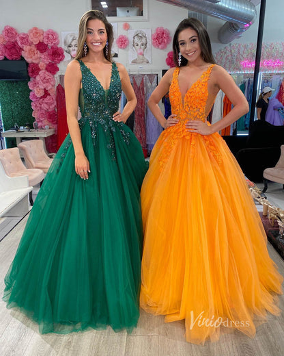 V-neck Orange Tulle Long Prom Dresses 2024 Backless Elegant Gowns FD2940b-prom dresses 2025 -Viniodress-Orange-Custom Size-