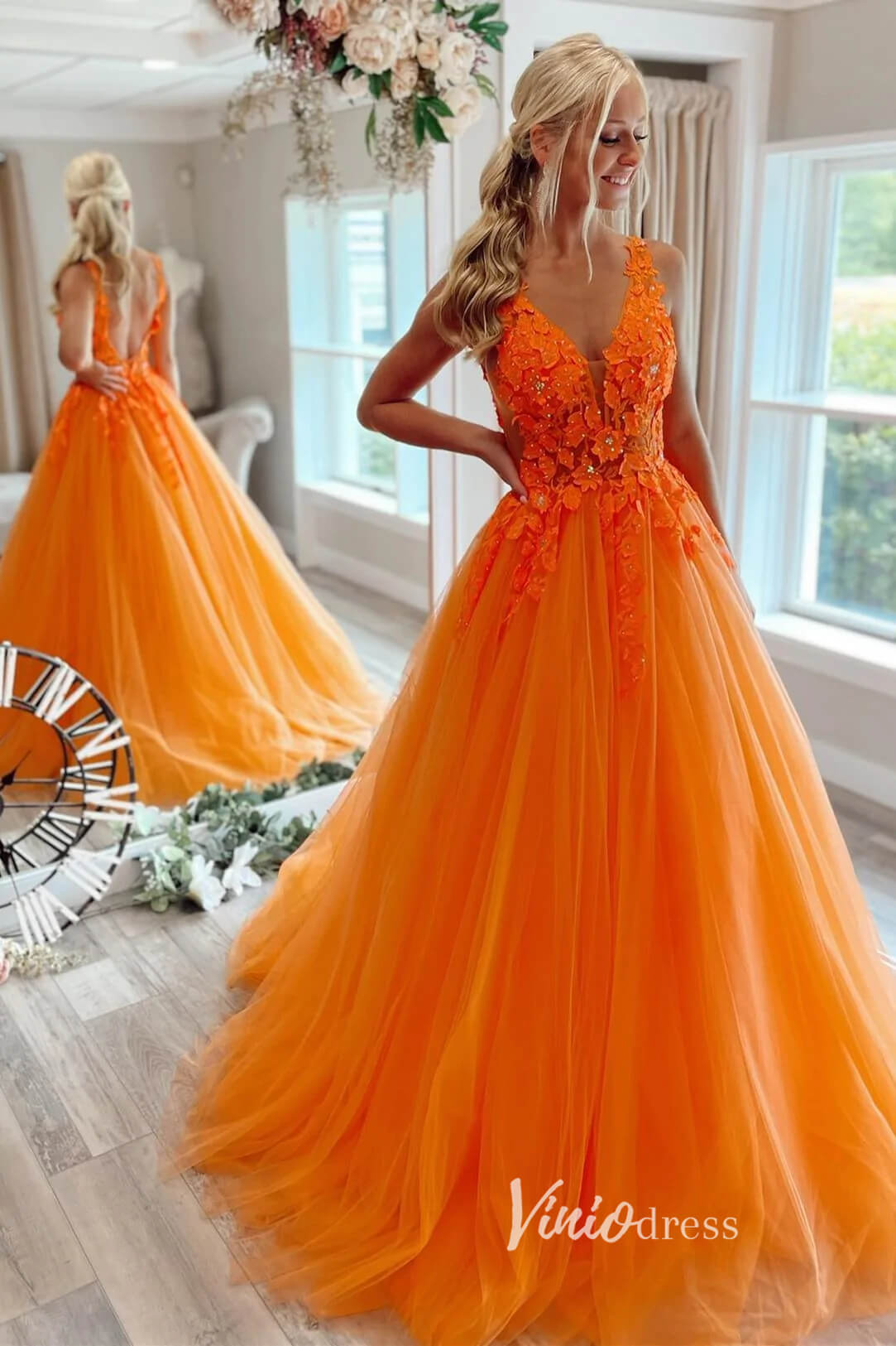 Prom Dress 2025 V-neck Orange Tulle Long Prom Dresses 2024 Backless Elegant Gowns FD2940b-unique prom dresses-Orange-Custom Size-Viniodress