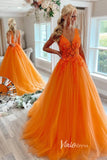 V-neck Orange Tulle Long Prom Dresses 2024 Backless Elegant Gowns FD2940b-prom dresses-Viniodress-Viniodress