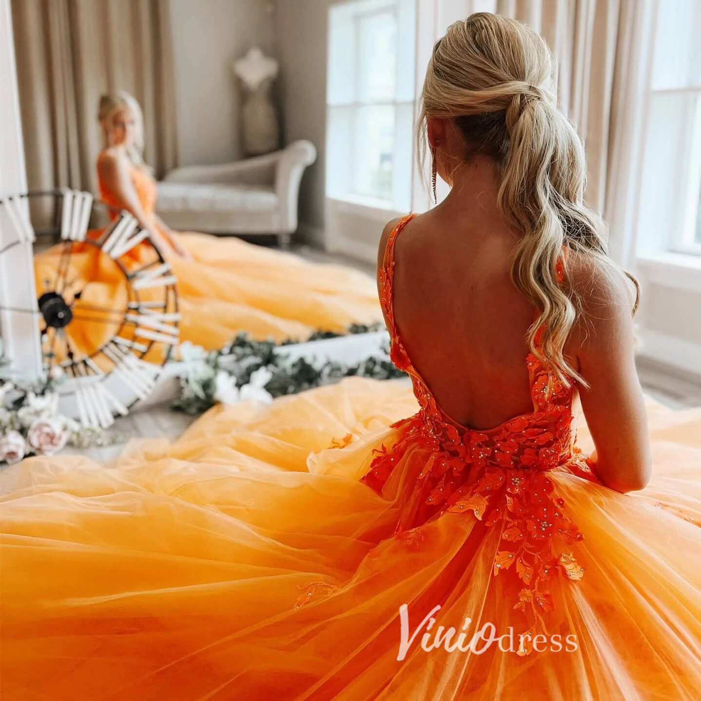 Prom Dress 2025 V-neck Orange Tulle Long Prom Dresses 2024 Backless Elegant Gowns FD2940b-unique prom dresses-Orange-Custom Size-Viniodress