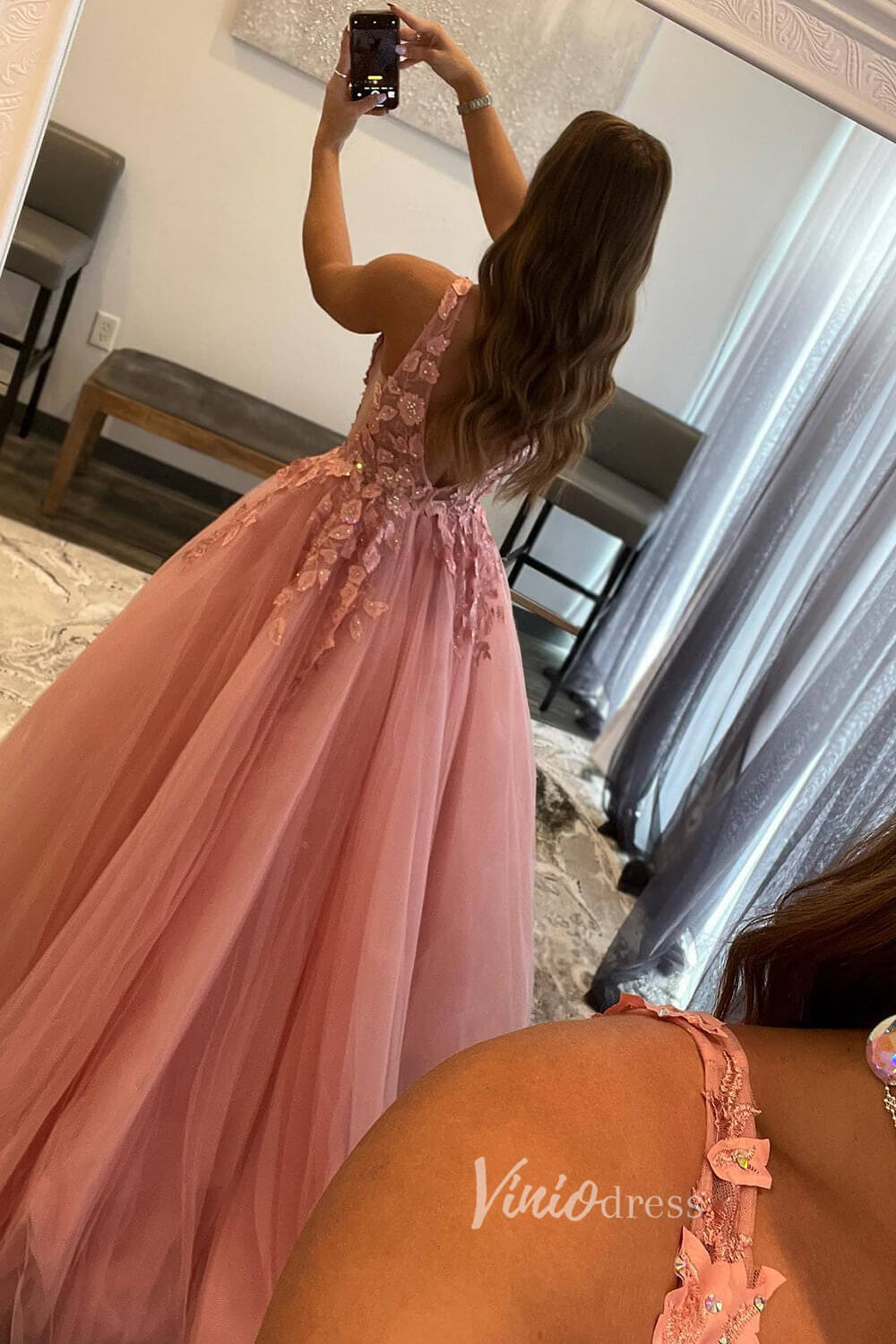 V-neck Orange Tulle Long Prom Dresses 2024 Backless Elegant Gowns FD2940b-prom dresses-Viniodress-Viniodress