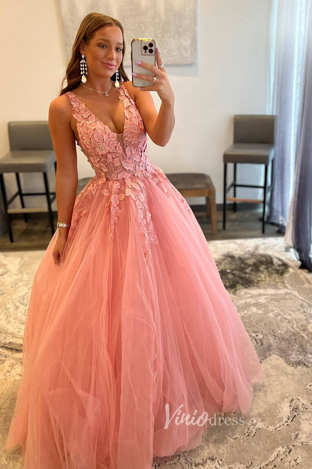 Prom Dress 2025 V-neck Orange Tulle Long Prom Dresses 2024 Backless Elegant Gowns FD2940b-unique prom dresses-Orange-Custom Size-Viniodress