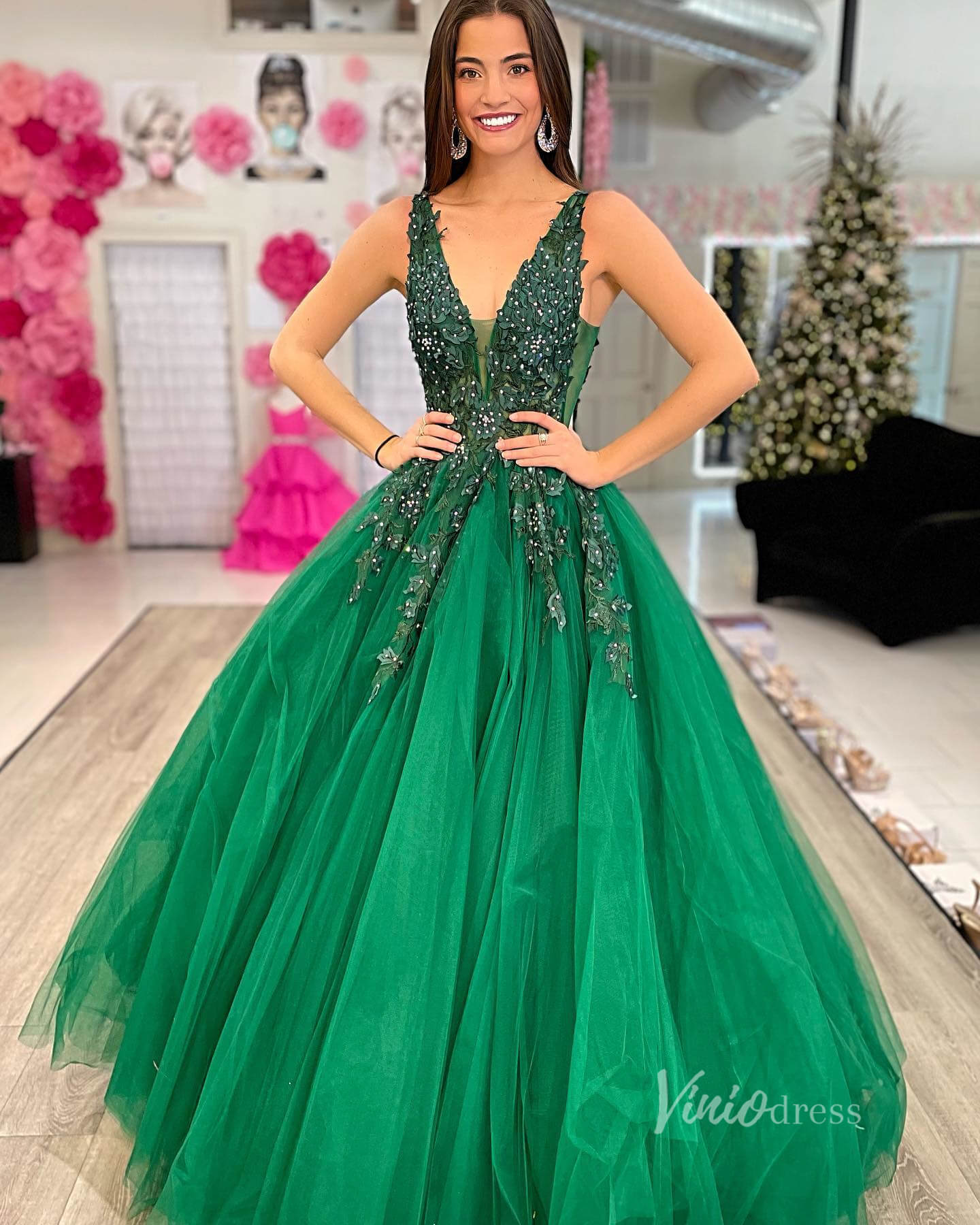 Prom Dress 2025 V-neck Orange Tulle Long Prom Dresses 2024 Backless Elegant Gowns FD2940b-unique prom dresses-Green-Custom Size-Viniodress