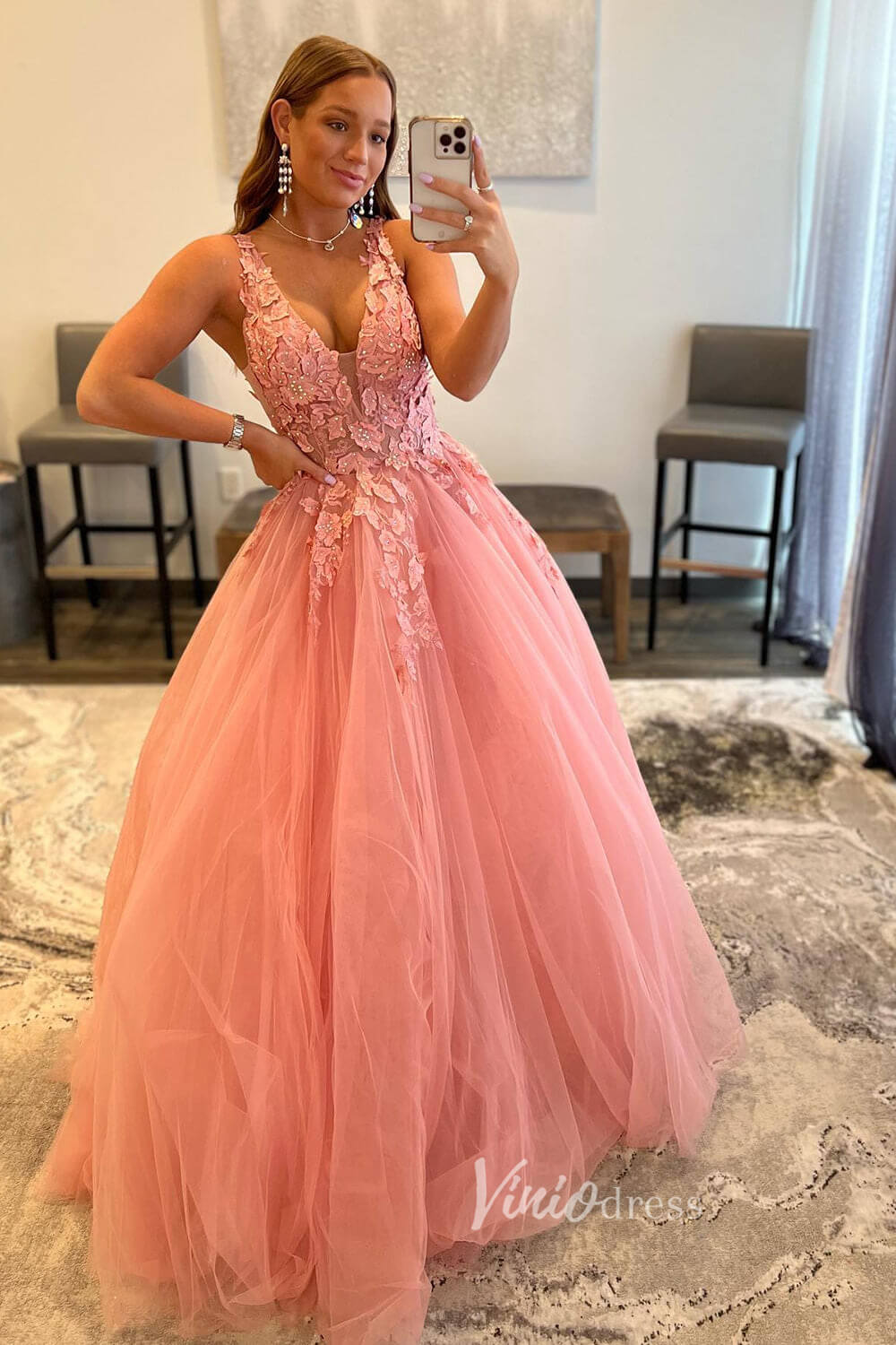 V-neck Orange Tulle Long Prom Dresses 2024 Backless Elegant Gowns FD2940b-prom dresses-Viniodress-Pink-Custom Size-Viniodress