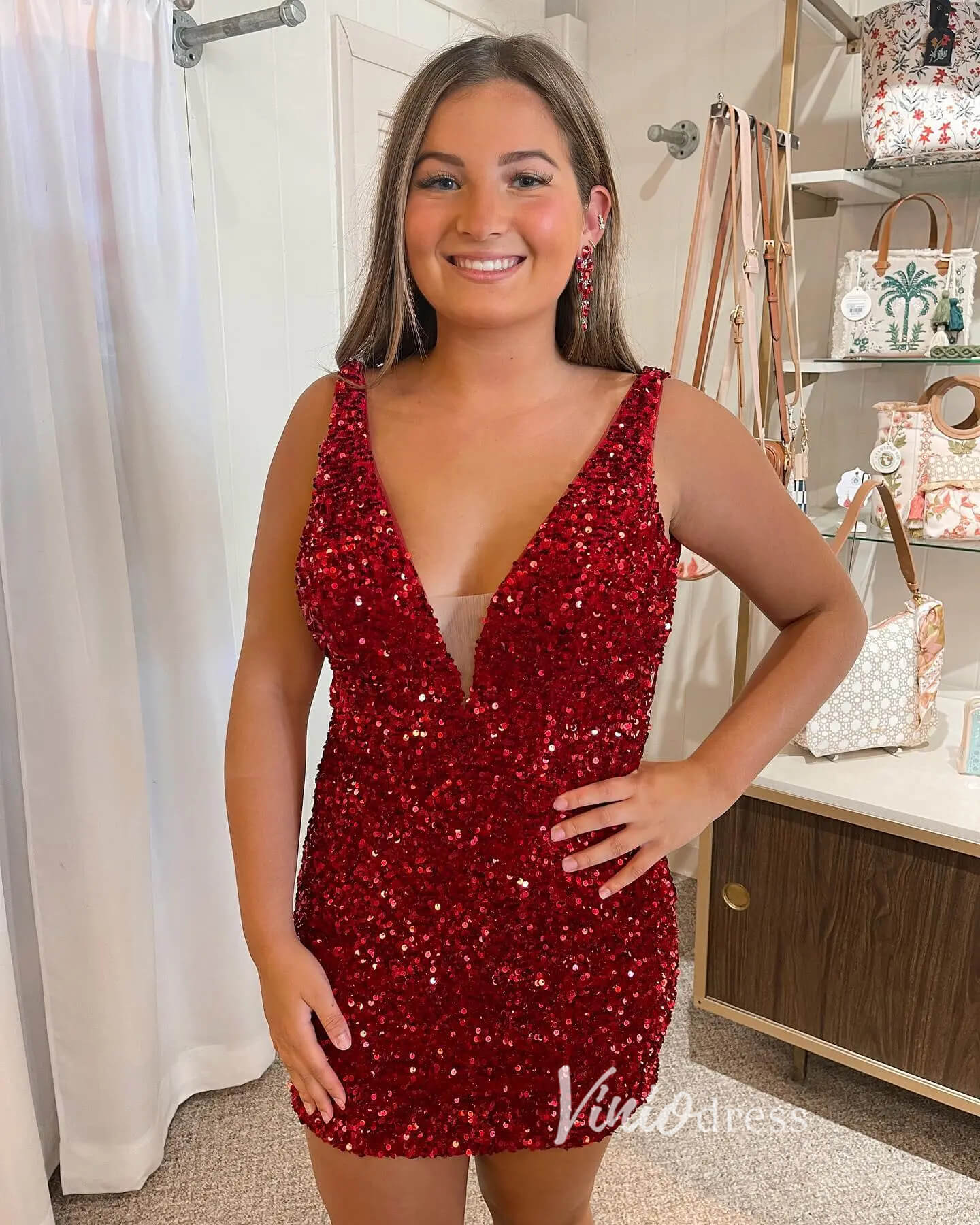 V-neck Sequin Homecoming Dresses Mini Cocktail Dress SD1599-Homecoming Dresses 2025 -Viniodress-Purple-Custom Size-