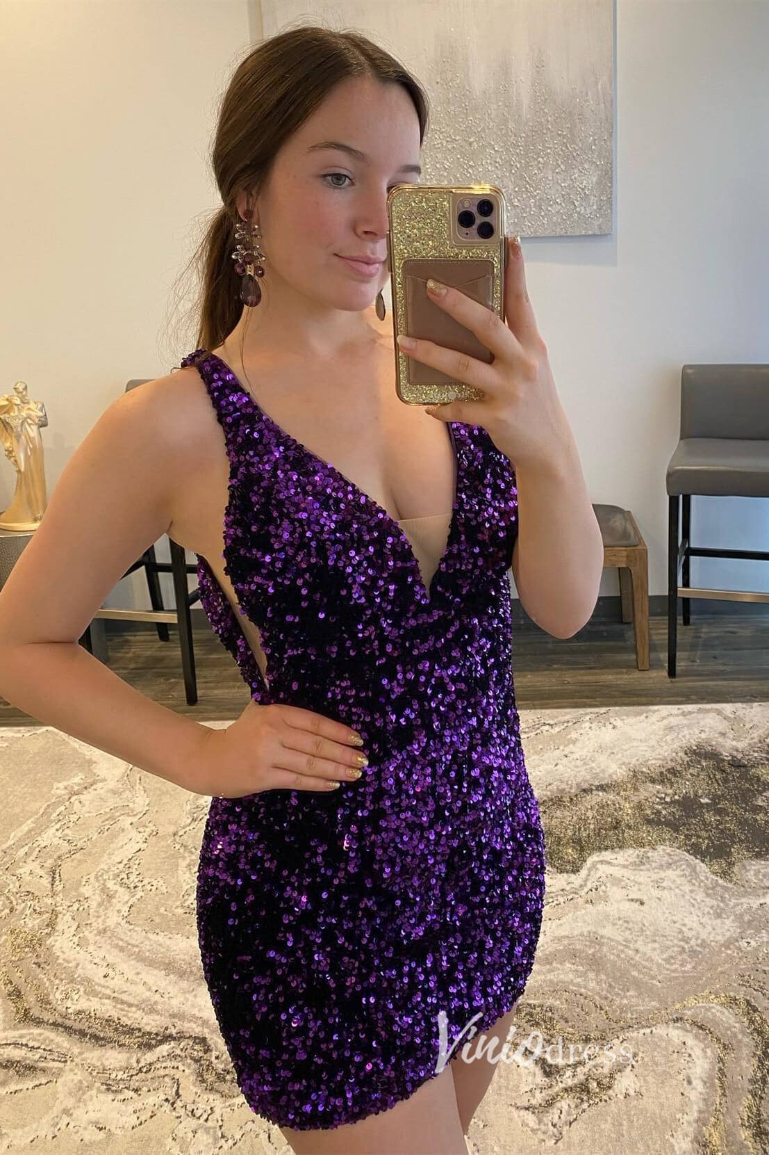V-neck Sequin Homecoming Dresses Mini Cocktail Dress SD1599-Homecoming Dresses 2025 -Viniodress-Purple-Custom Size-