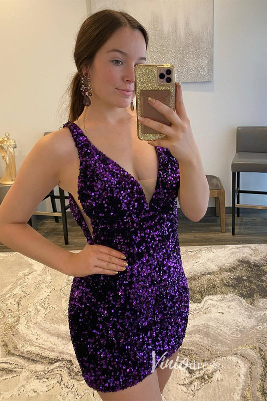 V-neck Sequin Homecoming Dresses Mini Cocktail Dress SD1599-Homecoming Dresses 2025 -Viniodress-Purple-Custom Size-