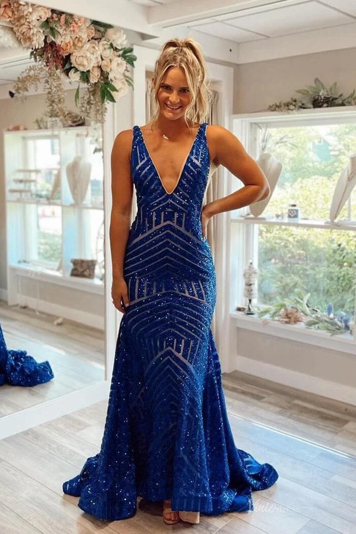 V-Neck Sequin Mermaid Prom Dresses Sleeveless Open Back Evening Gowns SQ002-prom dresses 2026-Viniodress-Blue-Custom Size-