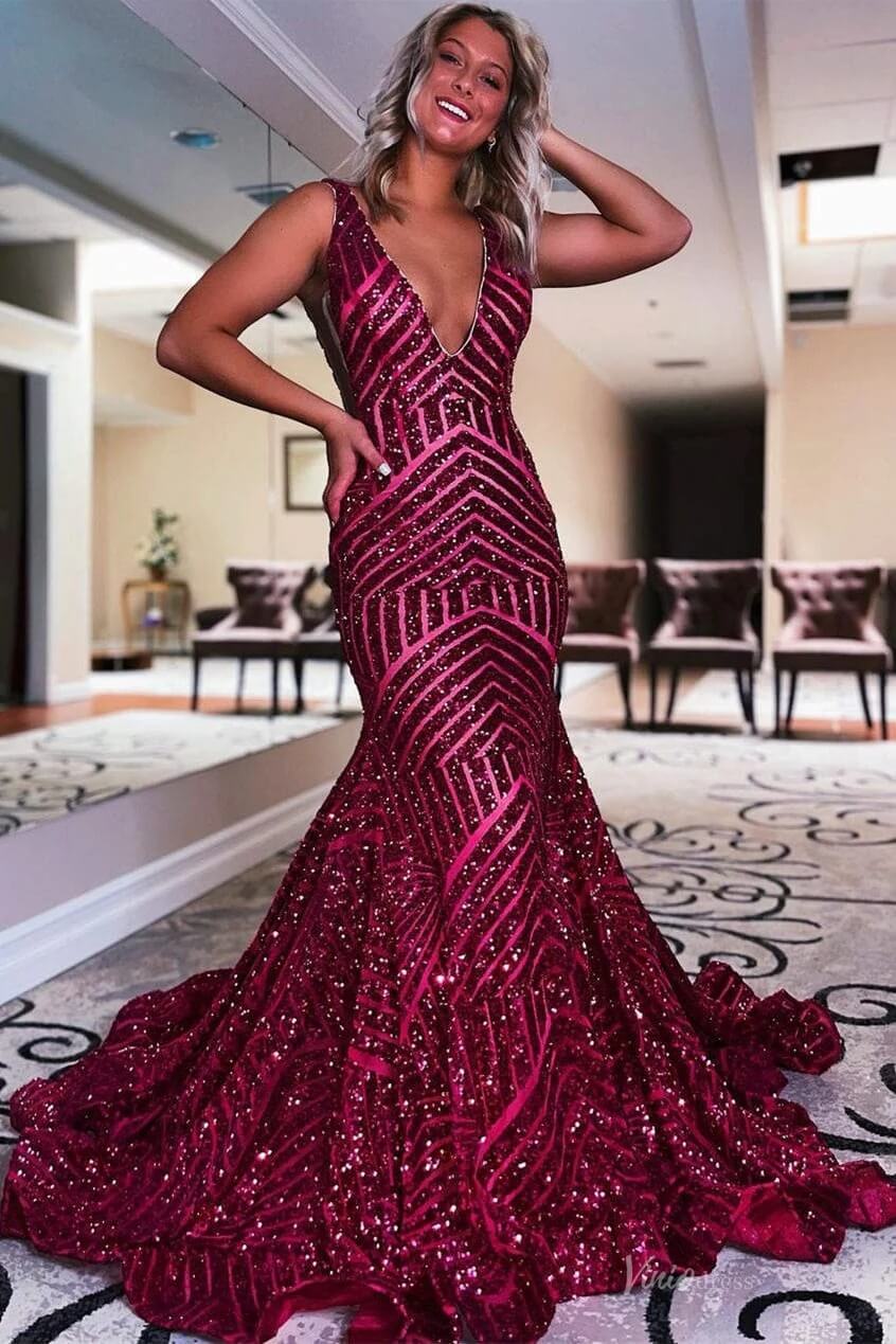 V-Neck Sequin Mermaid Prom Dresses Sleeveless Open Back Evening Gowns SQ002-prom dresses 2026-Viniodress-Burgundy-Custom Size-