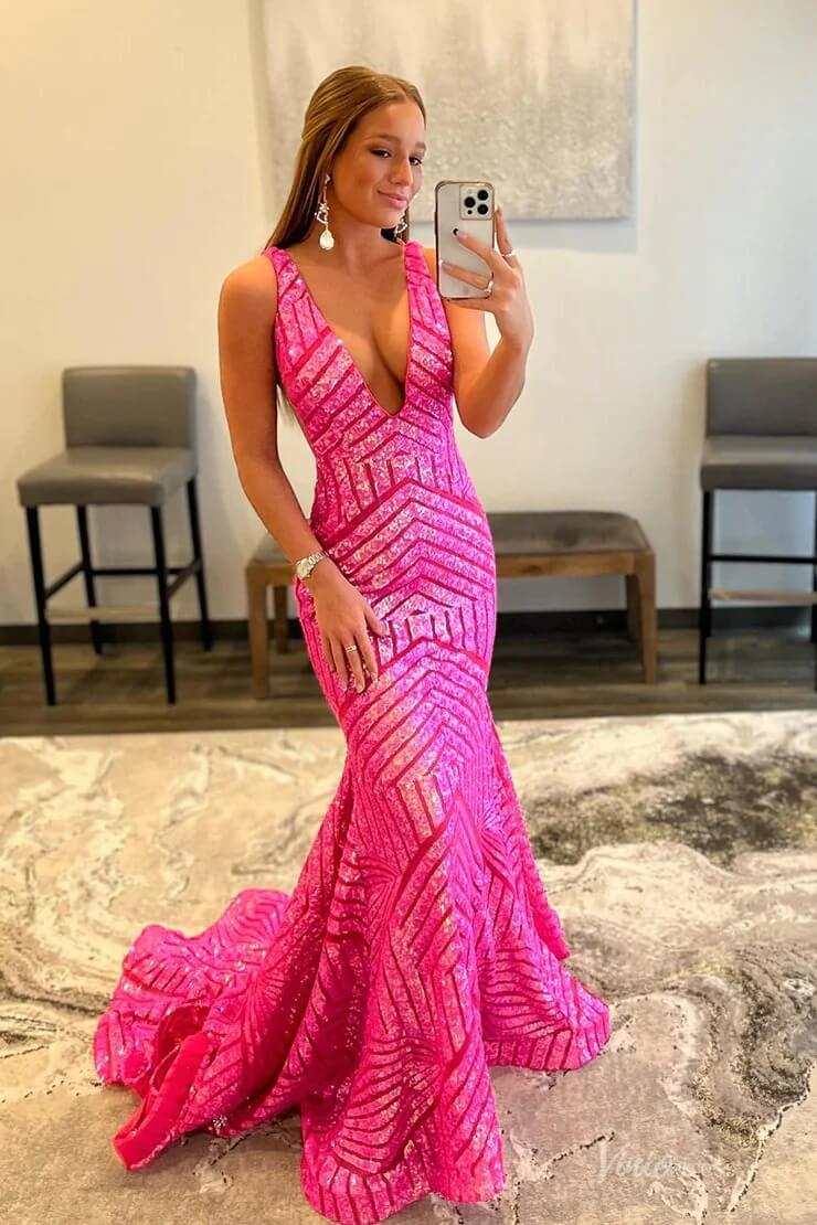 V-Neck Sequin Mermaid Prom Dresses Sleeveless Open Back Evening Gowns SQ002-prom dresses 2026-Viniodress-Hot Pink-Custom Size-