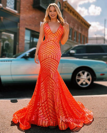 V-Neck Sequin Mermaid Prom Dresses Sleeveless Open Back Evening Gowns SQ002-prom dresses 2026-Viniodress-Orange-Custom Size – Add Measurements in Cart-