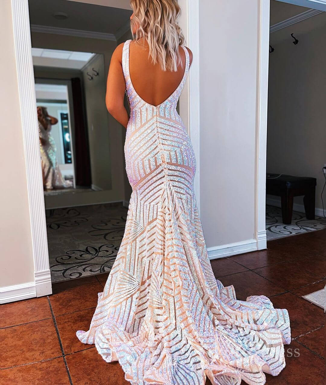 V-Neck Sequin Mermaid Prom Dresses Sleeveless Open Back Evening Gowns SQ002-prom dresses 2026-Viniodress-Orange-Custom Size – Add Measurements in Cart-