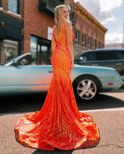 V-Neck Sequin Mermaid Prom Dresses Sleeveless Open Back Evening Gowns SQ002-prom dresses 2026-Viniodress-Orange-Custom Size – Add Measurements in Cart-