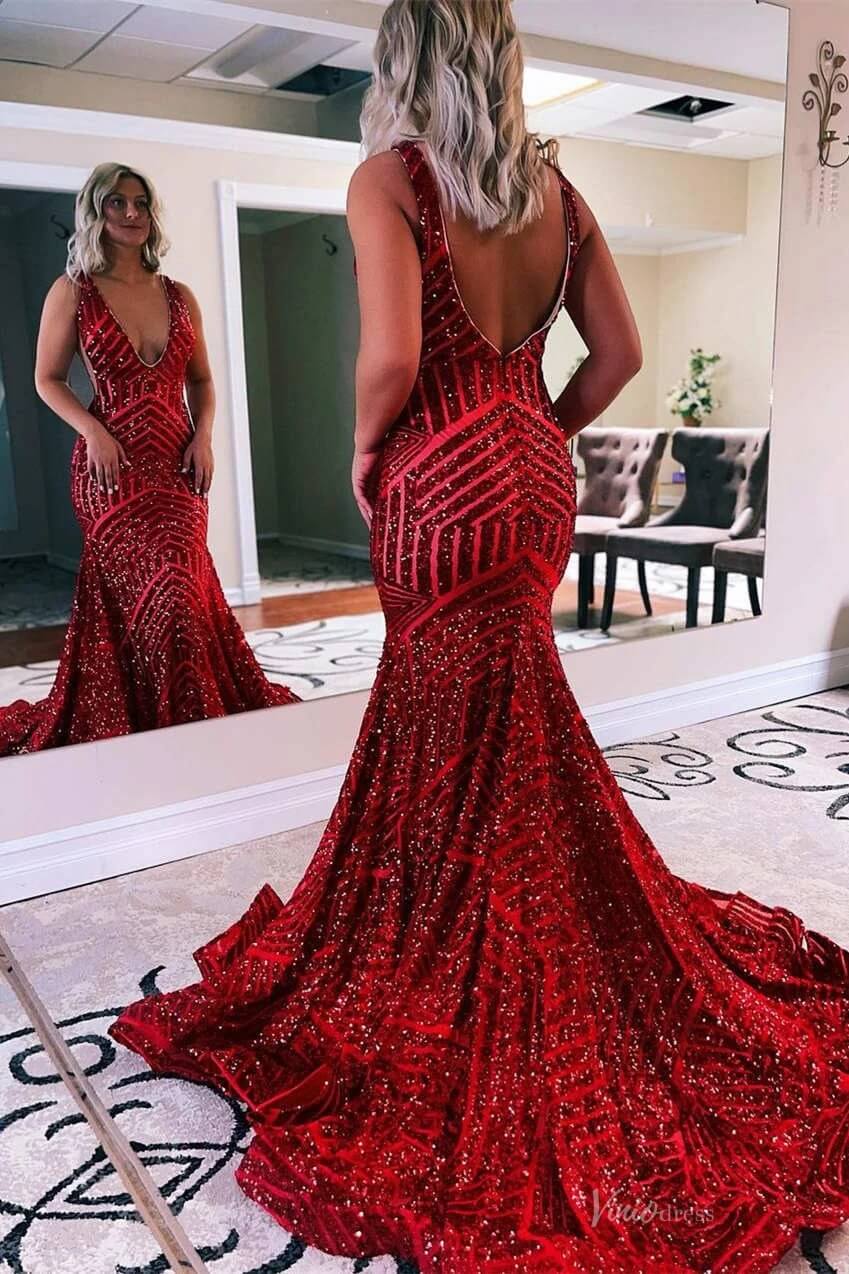 V-Neck Sequin Mermaid Prom Dresses Sleeveless Open Back Evening Gowns SQ002-prom dresses 2026-Viniodress-Red-Custom Size-