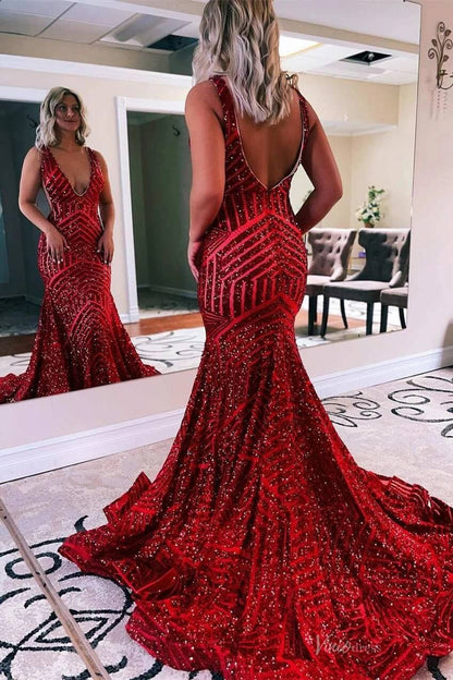 V-Neck Sequin Mermaid Prom Dresses Sleeveless Open Back Evening Gowns SQ002-prom dresses 2026-Viniodress-Red-Custom Size-