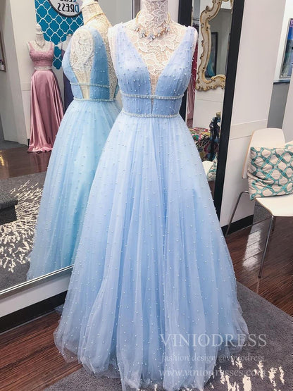 V-neck Sparkly Blush Pink Pearl Long Prom Dresses FD1834-prom dresses 2025 -Viniodress-Blush Pink-Custom Size-
