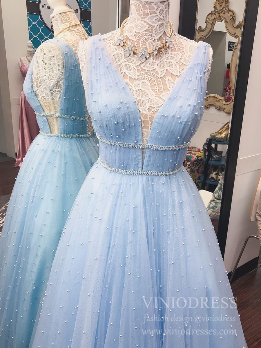 V-neck Sparkly Blush Pink Pearl Long Prom Dresses FD1834  Viniodress