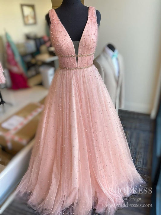 V-neck Sparkly Blush Pink Pearl Long Prom Dresses FD1834-prom dresses 2025 -Viniodress-Blush Pink-Custom Size-