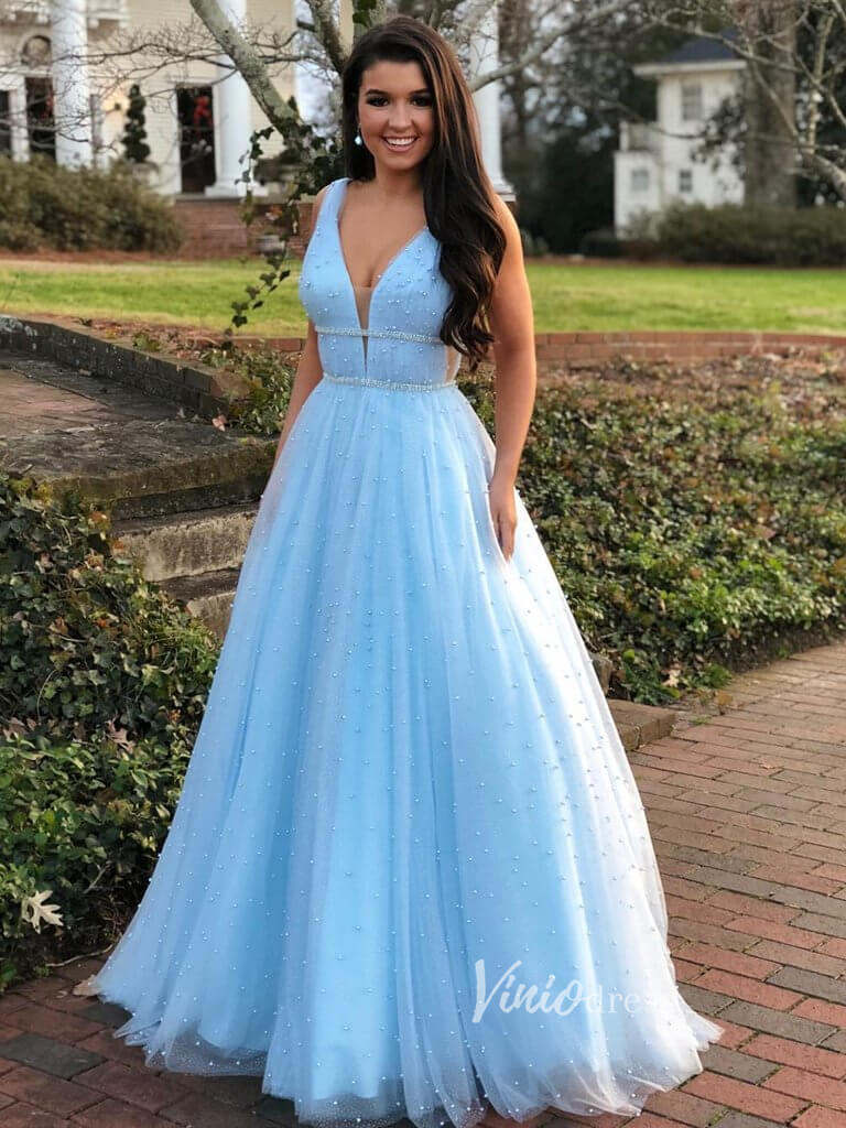 V-neck Sparkly Blush Pink Pearl Long Prom Dresses FD1834 Viniodress V-neck Sparkly Blush Pink Pearl Long Prom Dresses FD1834 Viniodress