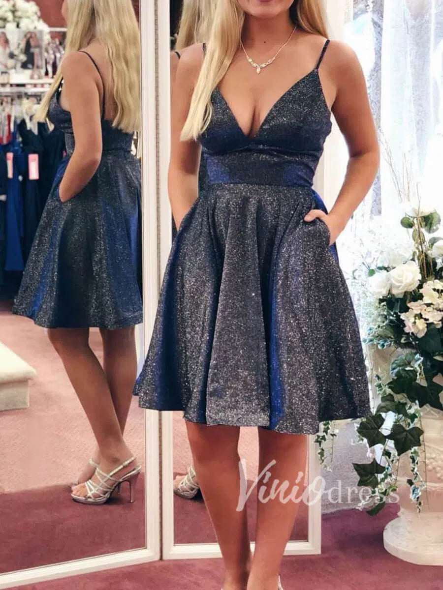 Short Prom Dresses 2025 V Neck Sparkly Homecoming Dresses with Pockets SD1134-homecoming dresses-Viniodress-Blue-Custom Size-Viniodress