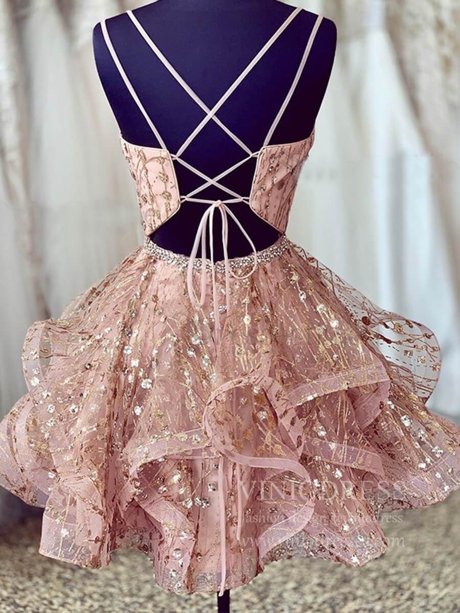 V-neck Sparkly Pink Homecoming Dresses Spaghetti Strap Cocktail Dress SD1236-Homecoming Dresses 2025 -Viniodress-Pink-Custom Size-