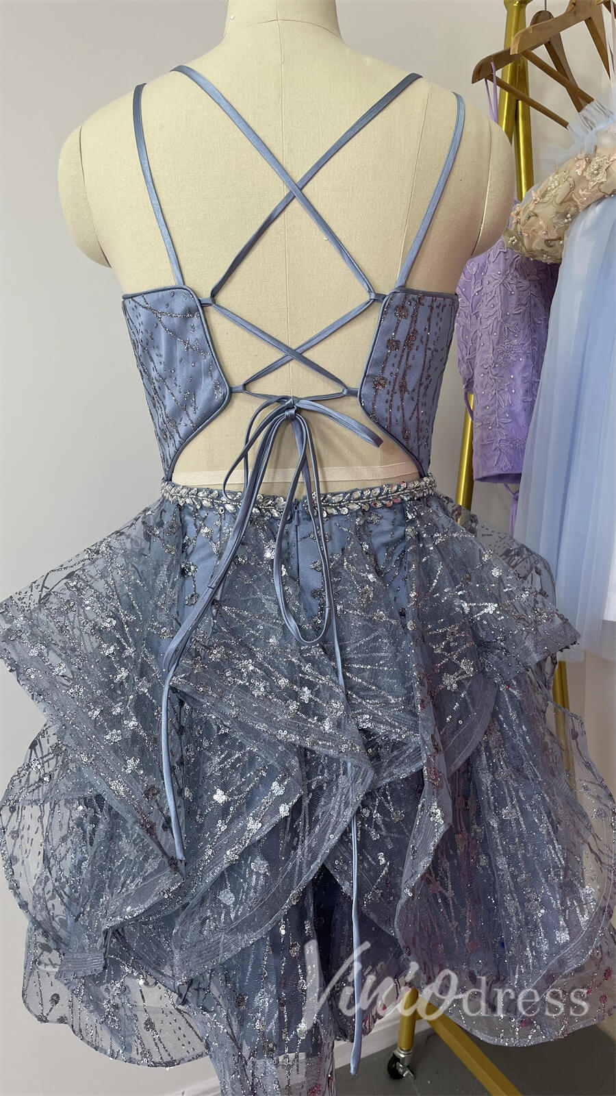 V-neck Sparkly Pink Homecoming Dresses Spaghetti Strap Cocktail Dress SD1236-Homecoming Dresses 2025 -Viniodress-Pink-Custom Size-