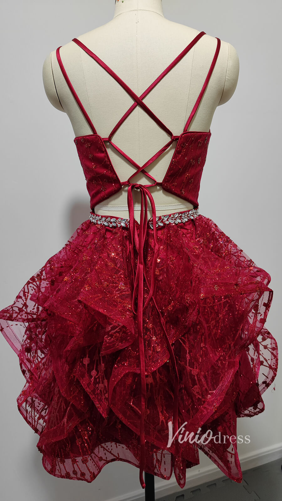 V-neck Sparkly Pink Homecoming Dresses Spaghetti Strap Cocktail Dress SD1236-Homecoming Dresses 2025 -Viniodress-Pink-Custom Size-