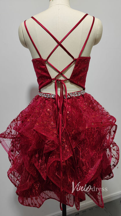 V-neck Sparkly Pink Homecoming Dresses Spaghetti Strap Cocktail Dress SD1236-Homecoming Dresses 2025 -Viniodress-Pink-Custom Size-