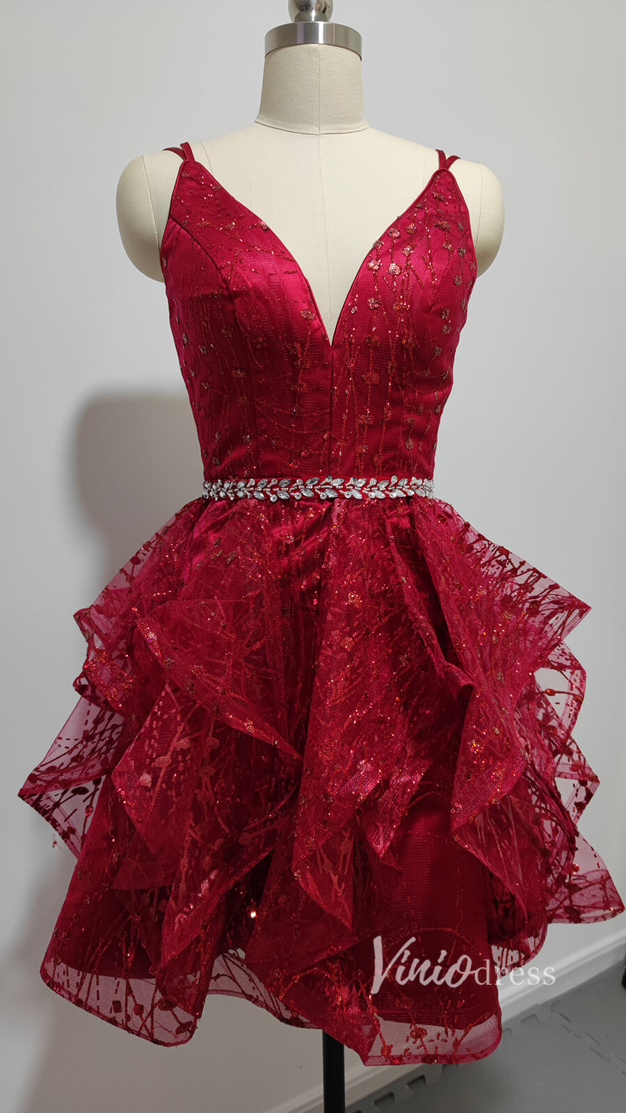 V-neck Sparkly Pink Homecoming Dresses Spaghetti Strap Cocktail Dress SD1236-Homecoming Dresses 2025 -Viniodress-Red-Custom Size-