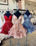 V-neck Sparkly Pink Homecoming Dresses Spaghetti Strap Cocktail Dress SD1236-homecoming dresses-Viniodress-Viniodress