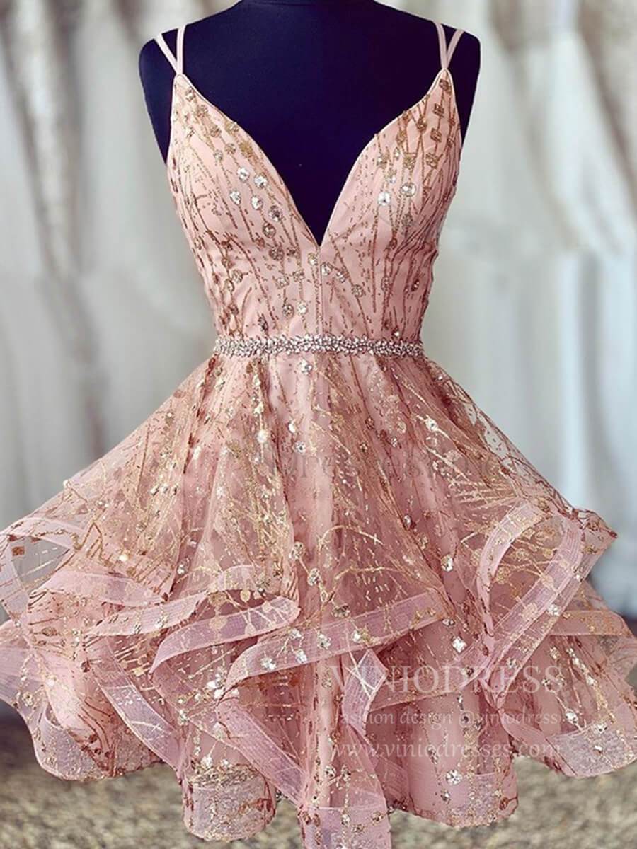 V-neck Sparkly Pink Homecoming Dresses Spaghetti Strap Cocktail Dress SD1236-homecoming dresses-Viniodress-Pink-Custom Size-Viniodress