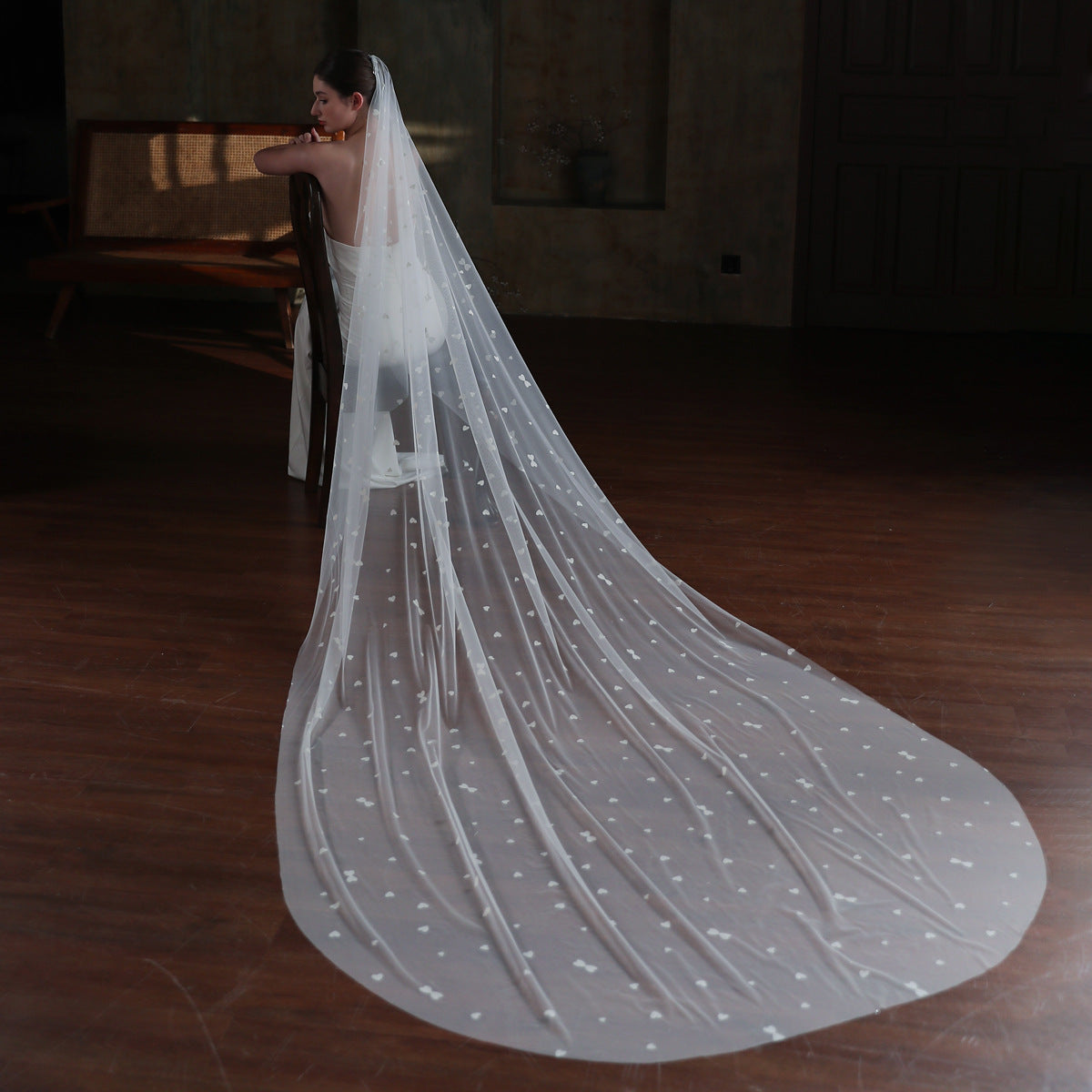 Heart Printed Tulle Bridal Veil Cathedral Length Viniodress V873-Veils-Viniodress-Ivory-300cm-Viniodress