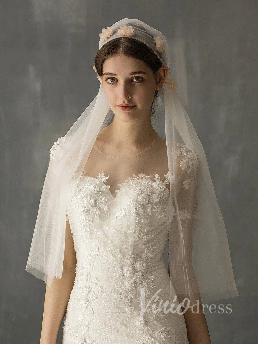 Romantic Juliet Cap Veils with Floral Appliqué AC1005-Veils-Viniodress-Viniodress