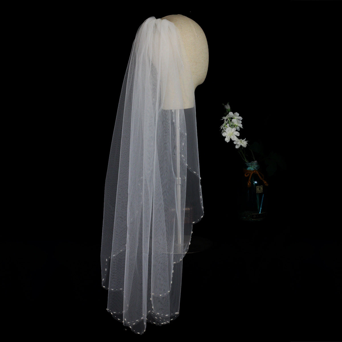 Simple Beaded Tulle Veil Hip Length viniodress V737-Veils-Viniodress-Ivory-90cm-Viniodress