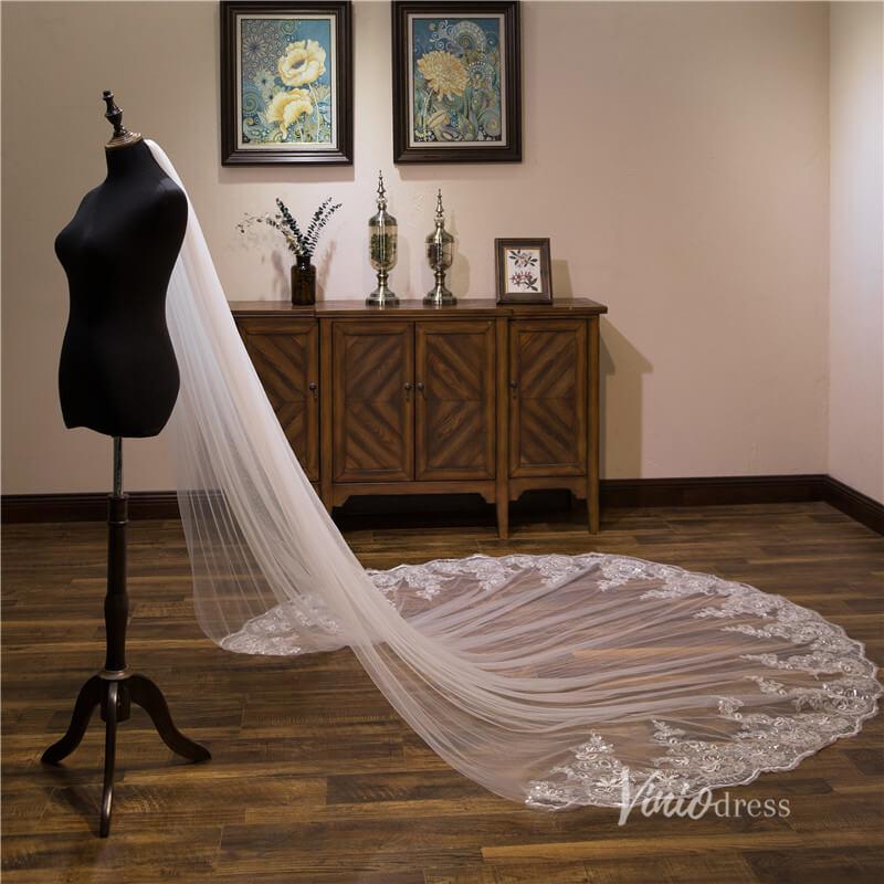 Sparkly Lace Appliqued 1 Tier Tulle Cathedral Veil Viniodress-Veils-Viniodress-Viniodress