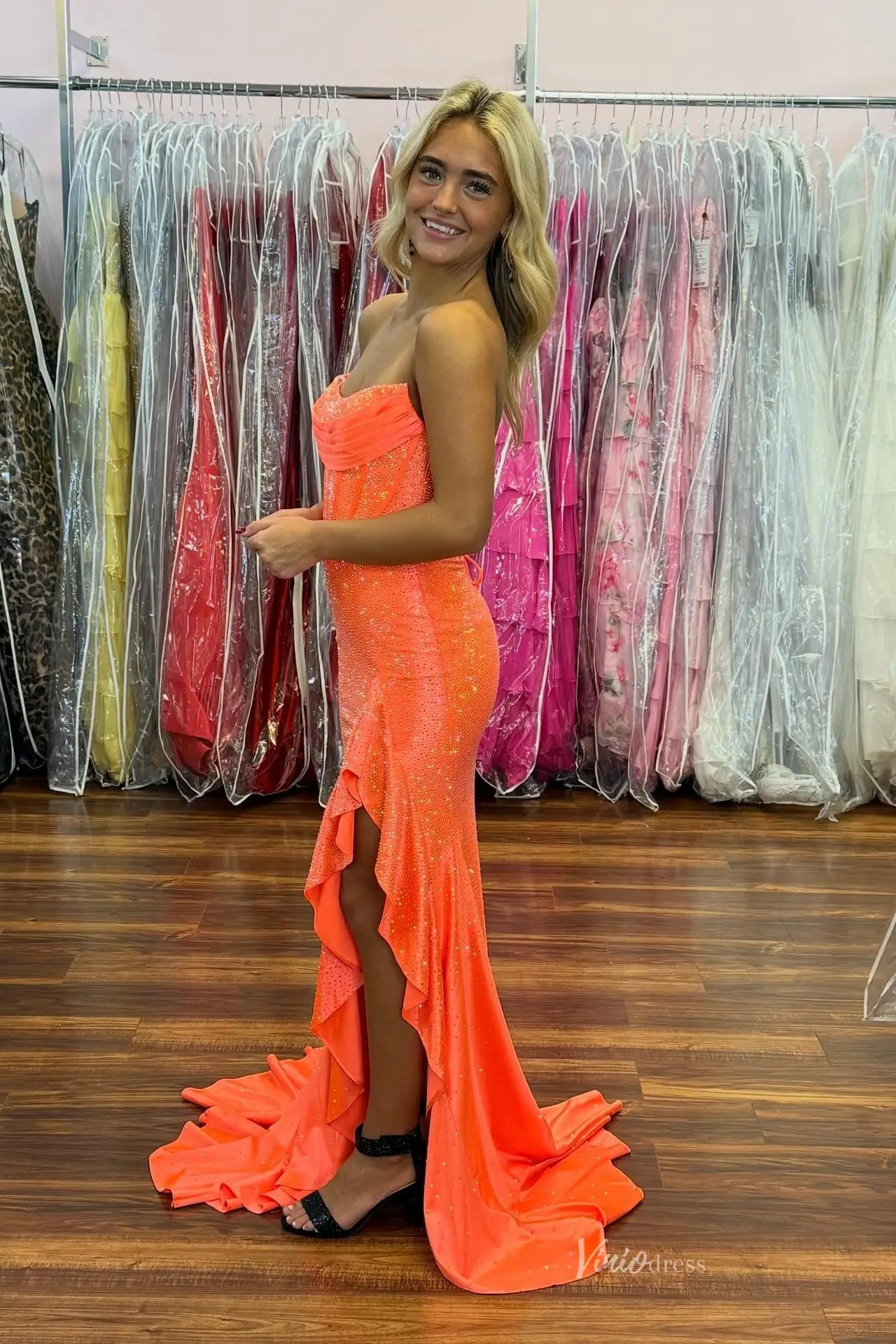 Vibrant Orange Strapless Corset Prom Dress with Sparkles & High Slit SS341-Prom Dresses 2026-Viniodress-Orange-A-Custom Size