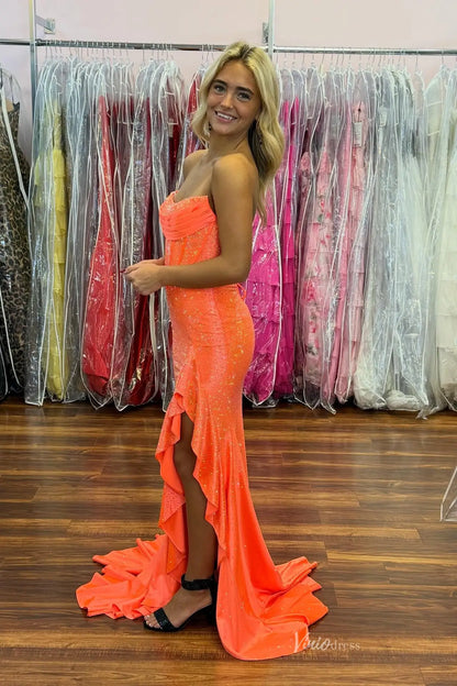 Vibrant Orange Strapless Corset Prom Dress with Sparkles & High Slit SS341-Prom Dresses 2026-Viniodress-Orange-A-Custom Size