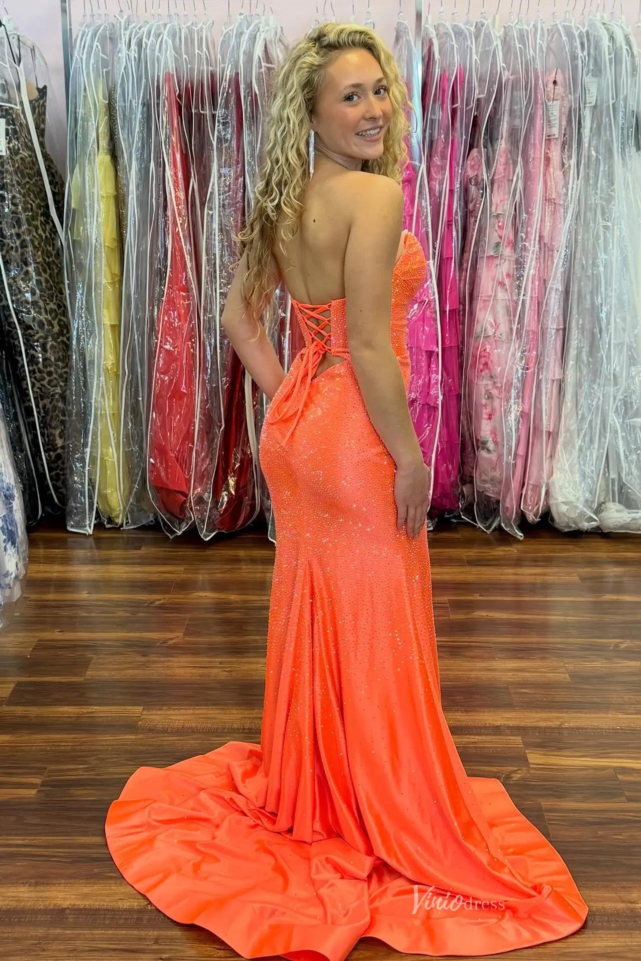 Vibrant Orange Strapless Corset Prom Dress with Sparkles & High Slit SS341-Prom Dresses 2026-Viniodress-Orange-A-Custom Size