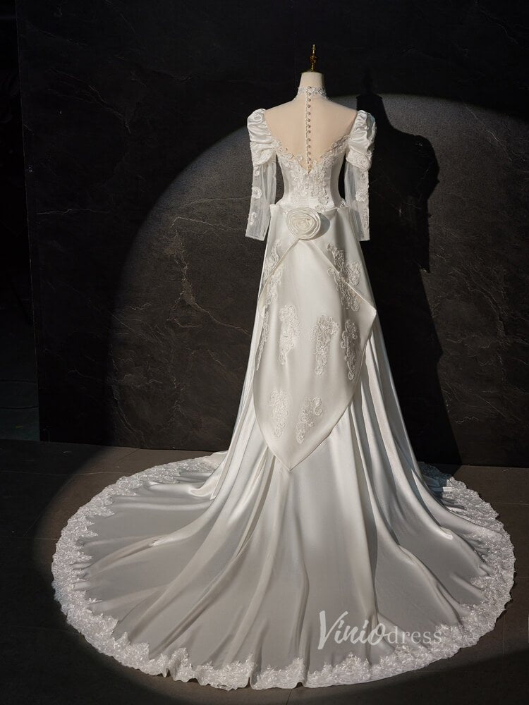 Vintag Satin Prom Dresses Long Puffed Sleeve High Neck Wedding Gown BJ025-wedding dresses 2025 -Viniodress-Ivory-Custom Size-