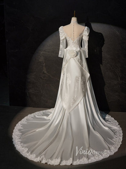 Vintag Satin Prom Dresses Long Puffed Sleeve High Neck Wedding Gown BJ025-wedding dresses 2025 -Viniodress-Ivory-Custom Size-