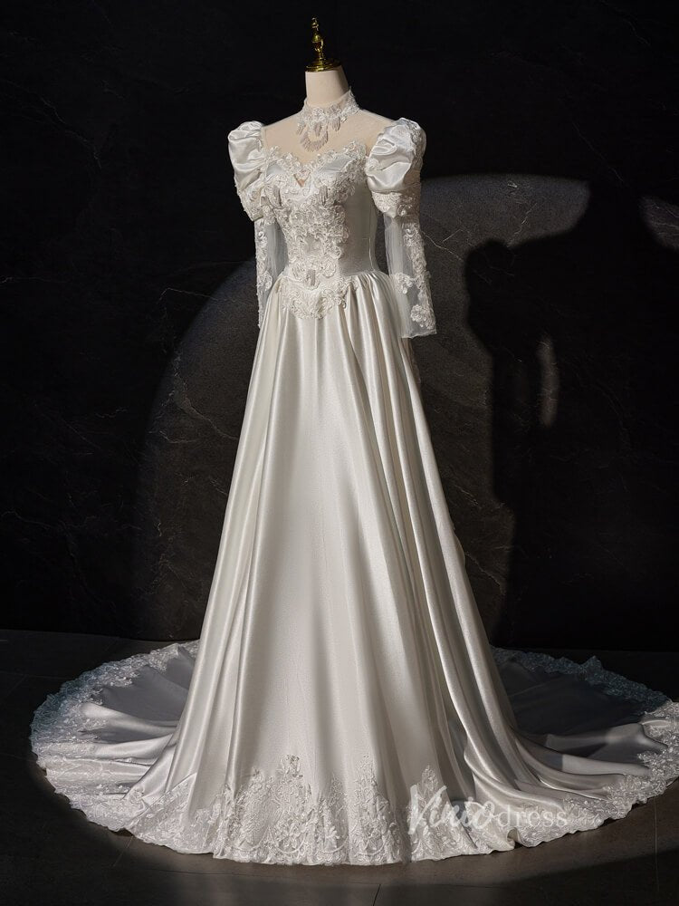 Vintag Satin Prom Dresses Long Puffed Sleeve High Neck Wedding Gown BJ025-wedding dresses 2025 -Viniodress-Ivory-Custom Size-