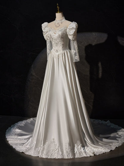 Vintag Satin Prom Dresses Long Puffed Sleeve High Neck Wedding Gown BJ025-wedding dresses 2025 -Viniodress-Ivory-Custom Size-