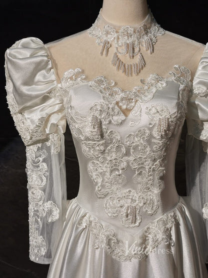 Vintag Satin Prom Dresses Long Puffed Sleeve High Neck Wedding Gown BJ025-wedding dresses 2025 -Viniodress-Ivory-Custom Size-