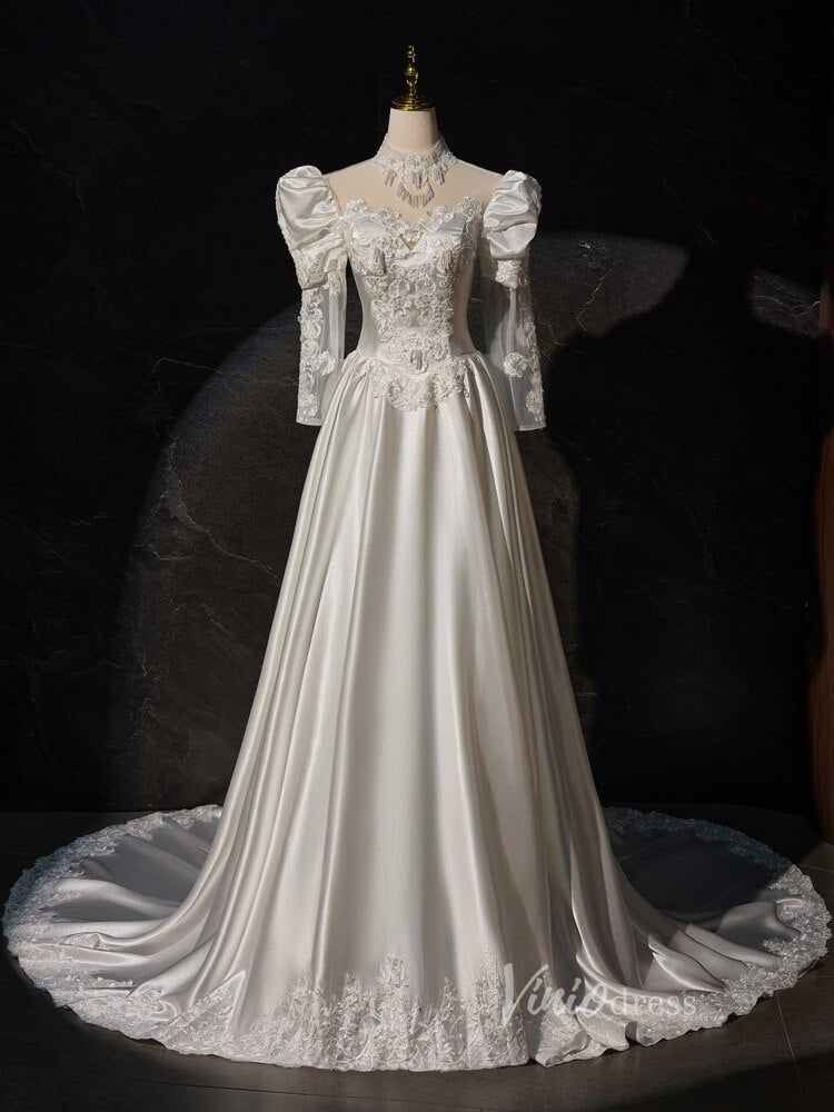 Vintag Satin Prom Dresses Long Puffed Sleeve High Neck Wedding Gown BJ025-wedding dresses 2025 -Viniodress-Ivory-Custom Size-