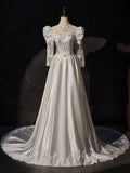 Vintag Satin Prom Dresses Long Puffed Sleeve High Neck Wedding Gown BJ025