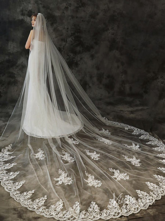 Vintage 1 Tier Lace Cathedral Veil Viniodress TS1925-Bridal Veil 2025 -Viniodress-Ivory-